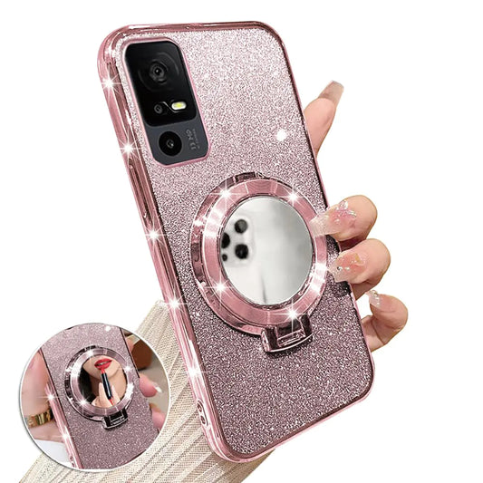 B-wishy Compatible with MagSafe 120°Invisible Rhinestone Makeup Mirror Holder for TCL 40 XE 5G CaseSparkling Glitter Shiny Slim TPU Cute Girls Case for TCL 40 XE 5G (K-Pink)
