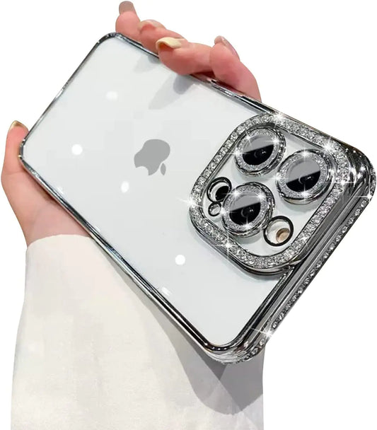 AMAZFCCY Clear TPU Case for iPhone 16 Pro MaxCute Glitter Plating Luxury Bling Rhinestones Diamond Soft Bumper Transparent Thin Lightweight Girly Girl Women Case for Apple iPhone 16 Pro Max (Silver)