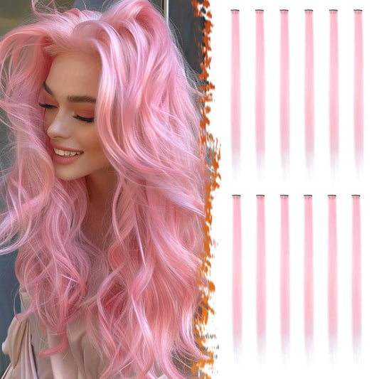 BARSDAR Pink Hair Extensions Clip in - Colored Pink Hair Extensions for Women 22 12 PCs Colorful Hair Extensions Straight Synthetic Pink Clip Hairpieces Christmas Halloween - Light Pink