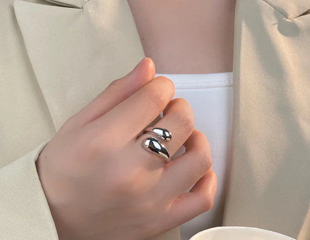 S925 Silver Glossy Water Drop Adjustable Ring
