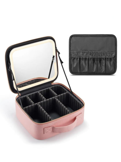 MIRRORNOVA Travel Makeup Bag with Lighted Mirror，Makeup Train Case with Adjustable Dividers and 3 Light Modes PVC Pink