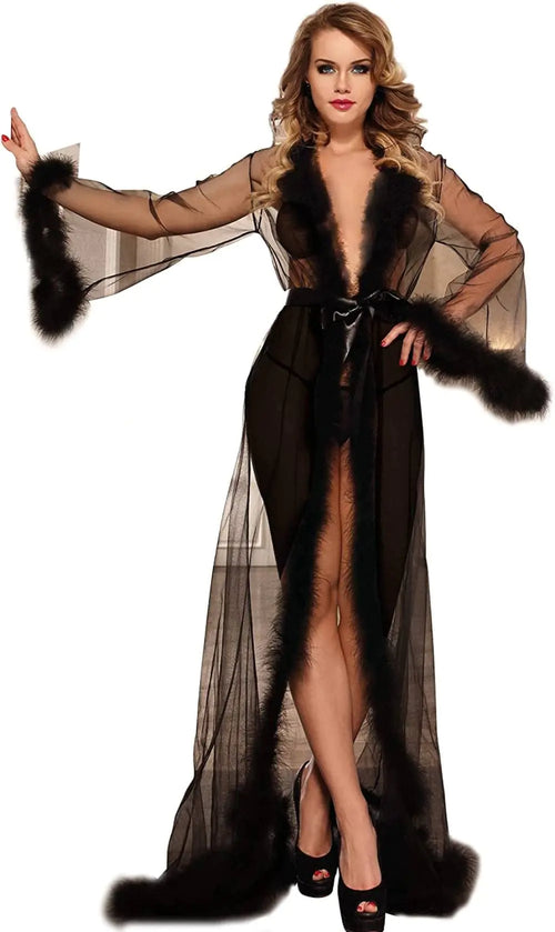 ohyeah Women Feather Bridal Robe for Wedding Plus Size Lingerie Robe with Fur Trim Tulle Robe Maternity Dress Sexy Black Lace Robe Nightgown Bathrobe 3XL-4XL