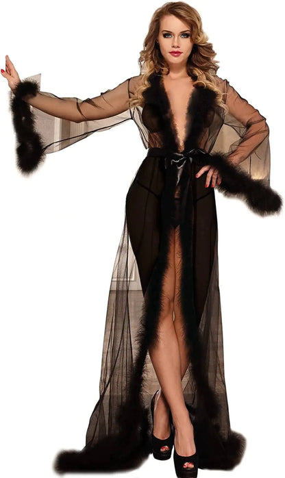 ohyeah Women Feather Bridal Robe for Wedding Plus Size Lingerie Robe with Fur Trim Tulle Robe Maternity Dress Sexy Black Lace Robe Nightgown Bathrobe 3XL-4XL